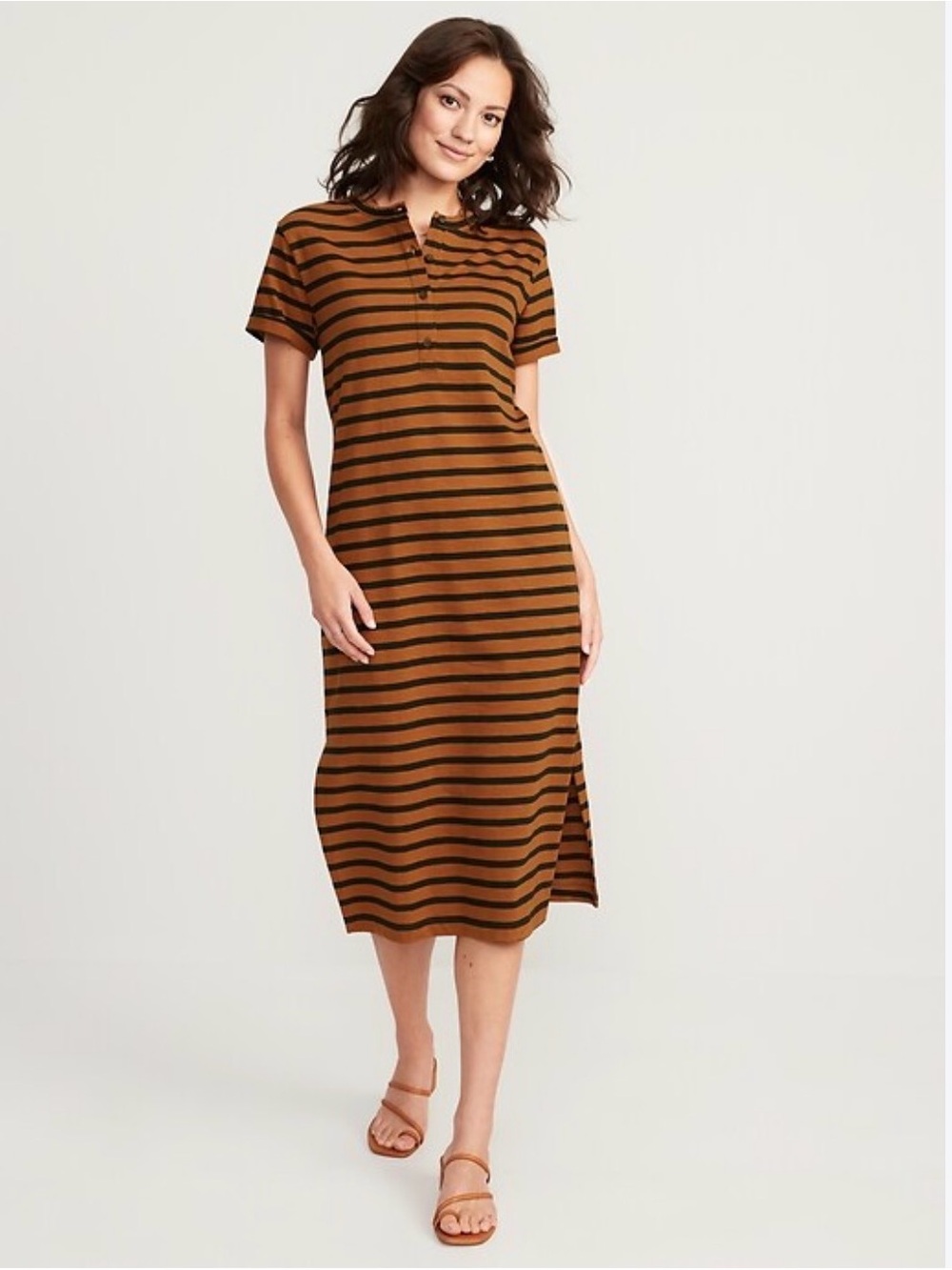 Old Navy Henley Striped Short-Sleeve Midi Dress in Brown & Navy Small